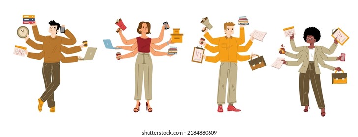 Busy characters multitask, business men and women with many hands holding laptop, stationery, mobile, working tools and docs. Multitasking, delegation authority Line art flat vector illustration