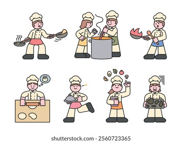 Busy chefs working in a restaurant kitchen. Cooking is hard and the chefs are making mistakes. Cuttiny character with outline.