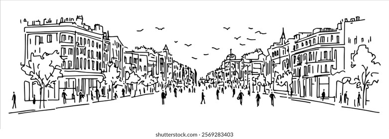 busy city boulevard with historic buildings and pedestrians, hand drawn sketch