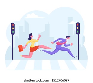 Busy City Crowd Move to Pedestrian Crosswalk. Businessman and Businesswoman Holding Briefcase Running Fast over Road with Zebra and Traffic Lights Hurry Up at Work. Cartoon Flat Vector Illustration