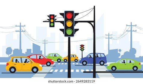Busy City Intersection With Traffic Lights Controlling Flow of Cars and Pedestrians on a Sunny Day