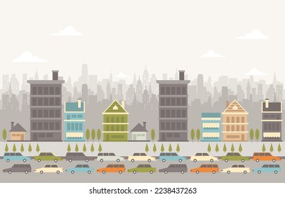 Belebte City Scape Flat Design Vektorgrafik