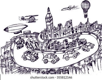 busy city, sketch