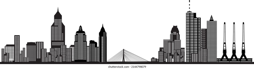 Busy City Skyline With Architecture Houses And Other Buildings With Port And Bridge 