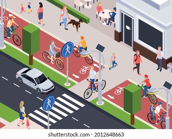 Busy city street with walking and cycling along bike lanes people 3d isometric vector illustration