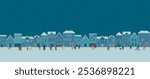 Busy City street at winter night. People walking, doing Christmas shopping. Urban landscape in minimal flat style. Flat vector banner with copy space