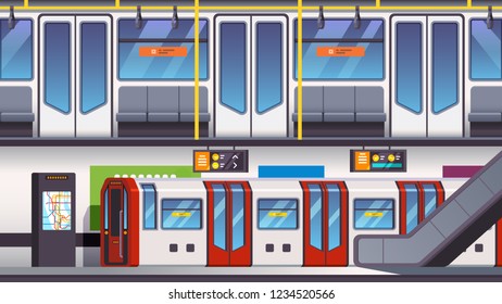Busy city underground subway transit station with arriving train. Carriage interior. Flat style cartoon vector isolated illustration