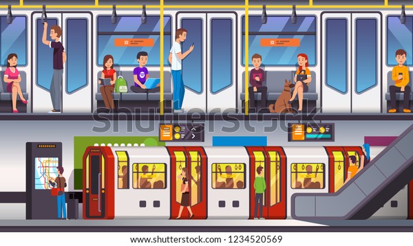 電車が到着する 繁華街の地下鉄の交通局 乗客車内装 フラットスタイルの漫画のベクター画像分離イラスト のベクター画像素材 ロイヤリティフリー