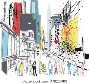 Busy cityscape of New York with buildings and pedestrians. 