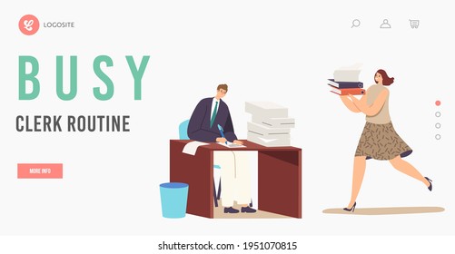 Busy Clerk Routine, Bureaucracy, Manager Job Occupation Landing Page Template. People with Huge Heap of Paper Documents. Business People Office Employees Very Busy Day. Cartoon Vector Illustration