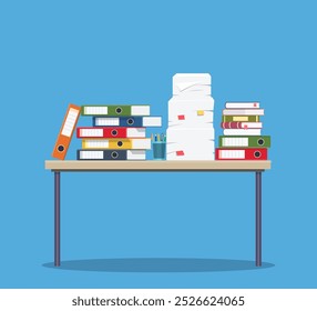 Busy cluttered office table. Hard work. Office interior with books, folders, papers on table. Vector illustration in flat style