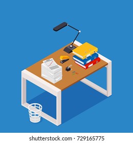 Busy cluttered office table. Hard work. Office interior with books, folders, papers and letters on table. Isometric vector illustration.