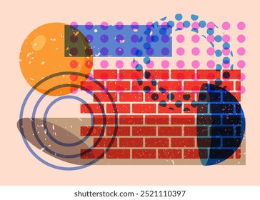 Formas geométricas coloridas e ocupadas. Objeto no design gráfico moderno do riso. Estilo de textura de impressão de risografia abstrata de elementos de geometria.