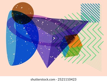 Formas geométricas coloridas e ocupadas. Objeto no design gráfico moderno do riso. Estilo de textura de impressão de risografia abstrata de elementos de geometria.