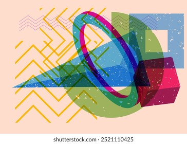 Formas geométricas coloridas e ocupadas. Objeto no design gráfico moderno do riso. Estilo de textura de impressão de risografia abstrata de elementos de geometria.