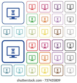 Busy computer color flat icons in rounded square frames. Thin and thick versions included.