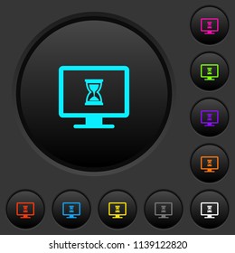 Busy computer dark push buttons with vivid color icons on dark grey background