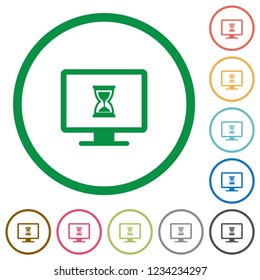 Busy computer flat color icons in round outlines on white background