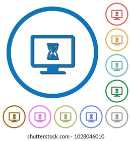 Busy computer flat color vector icons with shadows in round outlines on white background