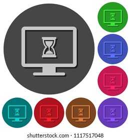 Busy computer icons with shadows on color round backgrounds for material design