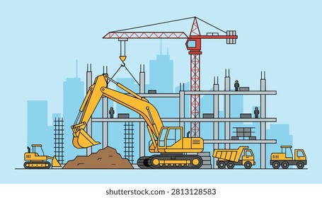 Busy construction site featuring a large yellow excavator digging dirt and several cranes and trucks working on a building.