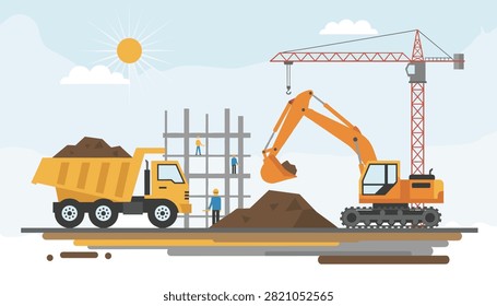 Busy construction site with heavy machinery like a dump truck, excavator, and crane working on a building frame under the sun.