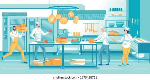 Busy Culinary Staff Cooking at Restaurant Kitchen. Man and Woman Chopping Vegetables for Salad and Cooked Dish, Cutting Bread with Knife, Carrying Fresh Food in Wooden Box. Vector Illustration