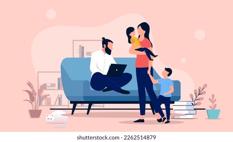 Busy dad working - Man doing work indoors with wife and kids waiting. Flat design vector illustration