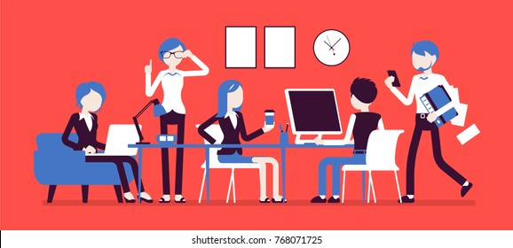 Busy Day In A Small Office. People Working Together, Close Teamwork And Communication, Co-workers In Friendly And Noisy Environment. Vector Business Concept Illustration With Faceless Characters