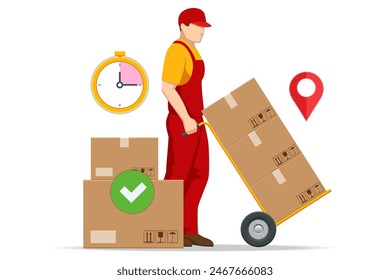 Busy delivery man pushing hand truck stacked with delivery packages Delivery service and transport logistics.