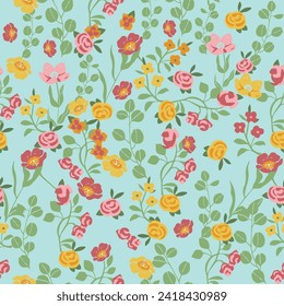 Busy, ditsy, seamless, print, floral pattern, hand drawn motifs with colorful, random, fading doodle flowers, stems, petals and leaves, for fabric, fashion and textiles
