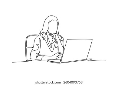 Busy elegant middle aged business woman using laptop working in corporate office. Technology in business concept. Single line draw design. Vector graphic illustration