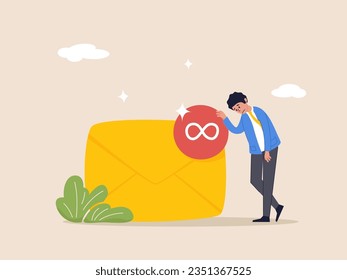 Busy email overload concept. Anxiety, exhausted or burnout from too many messages. Inefficient communication. Desperate hopelessness businessman with his inbox with infinity unread emails.