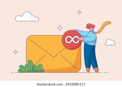 Busy email overload concept. Anxiety, exhausted or burnout from too many messages. Inefficient communication. Desperate hopelessness businessman with his inbox with infinity unread emails.