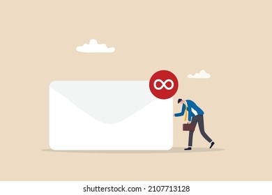 Busy Email Overload, Inefficient Communication, Anxiety, Exhausted Or Burnout From Too Many Messages Concept, Desperate Hopelessness Businessman With His Inbox With Infinity Unread Emails.