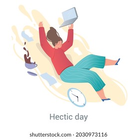 Busy employee concept. Woman with laptop and cup of coffee does not have time to complete task on deadline. Planning working day. Cartoon flat vector illustration isolated on white background