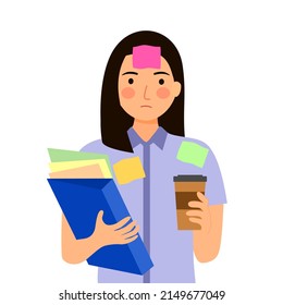 Busy employee holding documents and coffee with paper note on her face and cloth in flat design on white background.