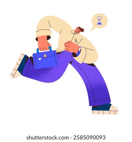 Busy employee is late, hurries, rushes to meet deadline. Business man runs, looking at wristwatch on the go to urgent work. Concept of bad time management, tardiness. Flat isolated vector illustration