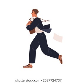 Busy employee running, hurrying. Stressed business man late, rushing to work, urgent deadlines. Manager leaving fast, escaping from office. Flat vector illustration isolated on white background