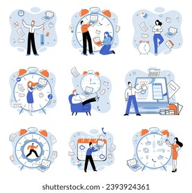 Ilustración vectorial de empleado ocupado. El apretado concepto de empleado pone de relieve los desafíos y las exigencias que enfrentan los individuos en cuanto a los papeles exigentes. El desarrollo de habilidades multitarea es crucial para los empleados ocupados