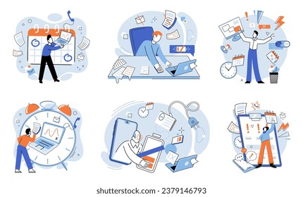 Busy employee vector illustration. The deadline for project created sense urgency among busy employees Completing tasks within tight deadlines is common challenge faced by busy employees The career