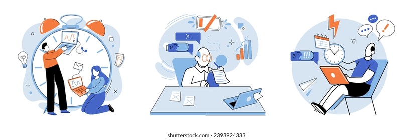 Busy employee vector illustration. The deadline for project creates sense urgency and stress for employees The multitasking skills employee are crucial in completing tasks efficiently The skillful