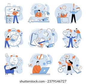 Busy employee vector illustration. Overwork can result in exhausted and stressed employees The constant busyness workplace keeps employees engaged and productive The workaholic employee is always