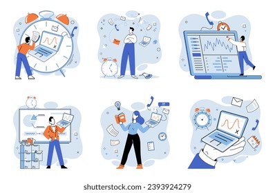 Busy employee vector illustration. Serious and stressful situations are common in certain occupations The stress being busy can take toll on employees well being The busy employee concept highlights