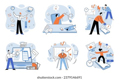 Busy employee vector illustration. The workaholic employee is always focused on completing tasks The corporate world can be stressful and demanding environment for employees The deadline for project