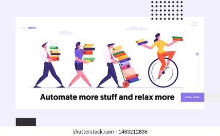 Busy Employees Loaded with Hard Work. Business People Carry Piles of Documentation Following Woman Riding Monowheel with Files Website Landing Page. Web Page Banner. Cartoon Flat Vector Illustration