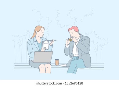 Busy employees meal time concept. Colleagues having meal together, office workers at lunch break, quick snack, co-workers eating fast food, working with computer at lunch time. Simple flat vector