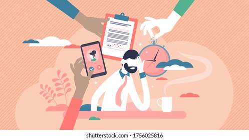 Busy entrepreneur vector illustration. Work overload flat tiny person concept. Multitasking problem with depression and pressure frustration. Symbolic choice between money, business, career and family