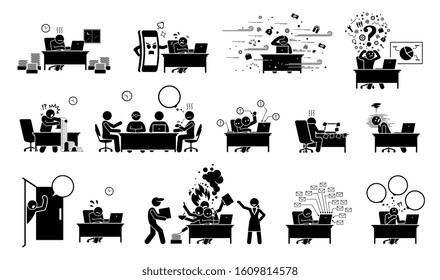 Busy executive, CEO, worker, or businessman at office stick figure pictogram icons. Vector illustrations of overworked, exhausted, tired, and overloaded man with too much work and distractions.