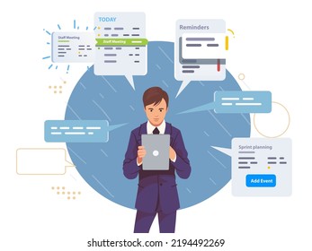 Ocupado ejecutivo manager multitarea online en tablet. Programación de cita de emprendedores, planificación de reunión de día, establecimiento de recordatorio de fecha límite. Hombre de negocios administrar tareas ilustración de concepto vectorial